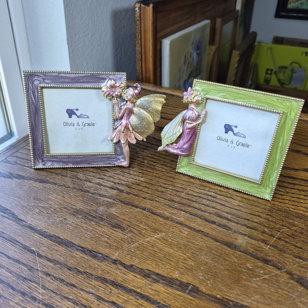 Vtg Pair Enamel 3x3 frames fairy fairies Purple Green 80s 90s cottage grandma